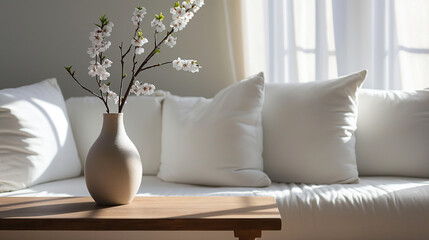 A tranquil scene with a vase holding cherry blossoms on a wooden table, lit by natural light from a window