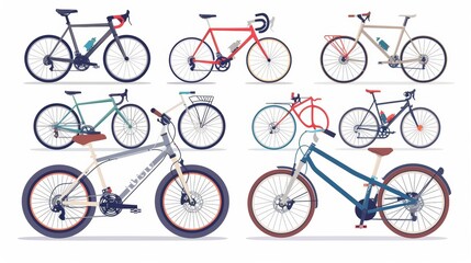 Bicycles in flat style. Guide of bike types. Poster with racing/road bike, touring bike, mountain bike, BMX, hybrid, and city bike.