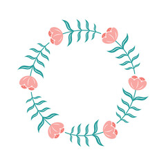 floral wreath with pink flowers and green leaves,isolated vector illustration on white background with space for own text,template for greeting cards, invitation,banner,post,decoration