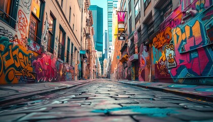 Capture a colorful and dynamic cityscape with vibrant street art from a tilted perspective, showcasing the raw essence of urban exploration through unexpected camera angles