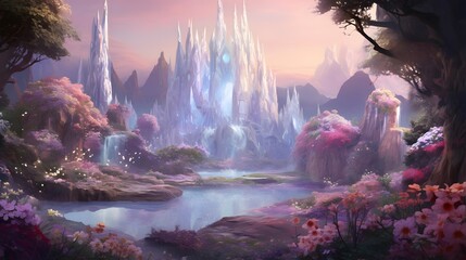 Digital painting of a fantasy garden with a fountain in the foreground.