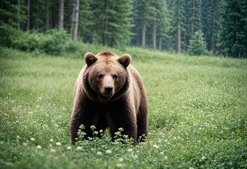 In the heart of the forest, a majestic brown bear roams amidst a blanket of Breckland thyme, its rugged fur blending seamlessly with the lush foliage. Towering pines form a backdrop to this wilderness