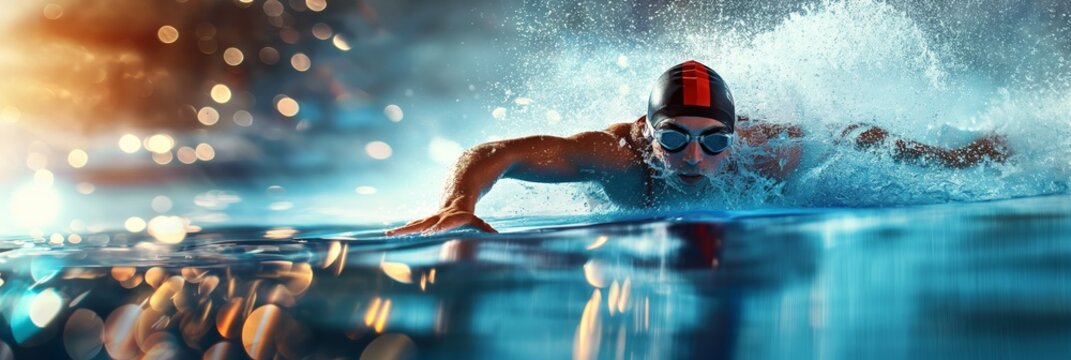 An action-packed shot of a swimmer mid-stroke in a pool, brilliantly lit highlighting the intensity and focus of aquatic sports