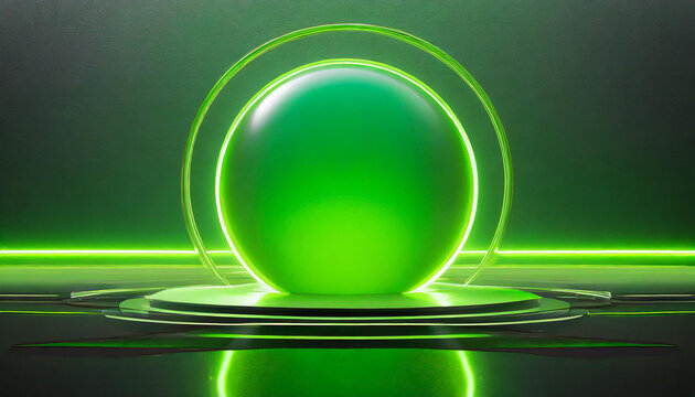 Abstract futuristic magic green sphere dark background, bright neon colours mystic glowing ball shape