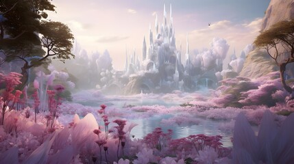 Fantasy landscape with misty lake and pink flowers, 3d render - Powered by Adobe