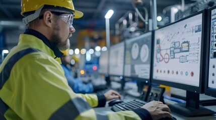 Close-up of an engineer analyzing data on a computer screen, monitoring machinery performance in a power generation facility.