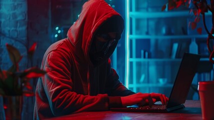Computer hacker with hooded sweatshirt and mask, typing malicious code into a laptop, perpetrating...