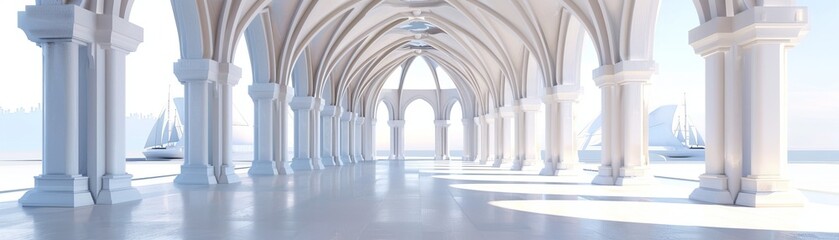 Fototapeta premium A large, empty, white building with pillars and a large archway