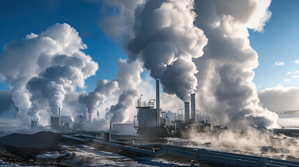 Geothermal Power Plant Emitting Steam Against a Clear Sky