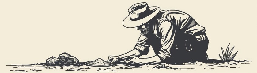 A simple line drawing of a gold prospector searching for gold, emphasizing the adventure and exploration associated with gold mining