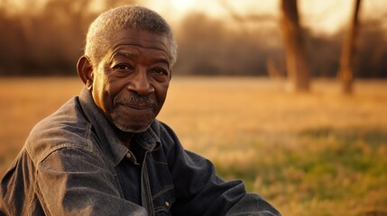 Elderly Black man sitting in field with trees in background