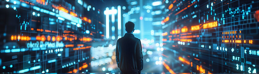 The image shows a man standing in a digital city. The man is looking at the city. The city is made of blue and orange lights.