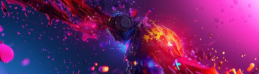 Explore a pulsating digital universe with vibrant, swirling colors merging seamlessly with sleek, futuristic gadgets in a mind-bending low-angle view