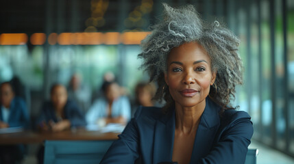 An experienced older senior black woman in a tailored navy blue suit at a Executive Meeting. Boss woman in charge.