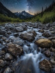 mountain river in the mountains,starry night, long exposure