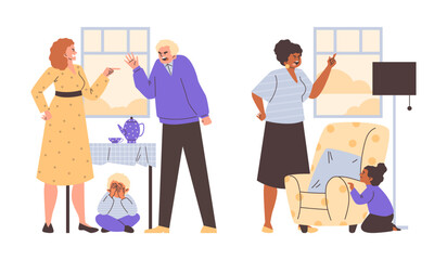 Parents arguing and yelling at child, flat cartoon vector illustration isolated.