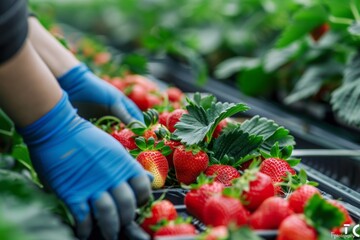 Farmer inspecting hydroponic strawberry runners for propagation, illustrating sustainable plant reproduction methods.