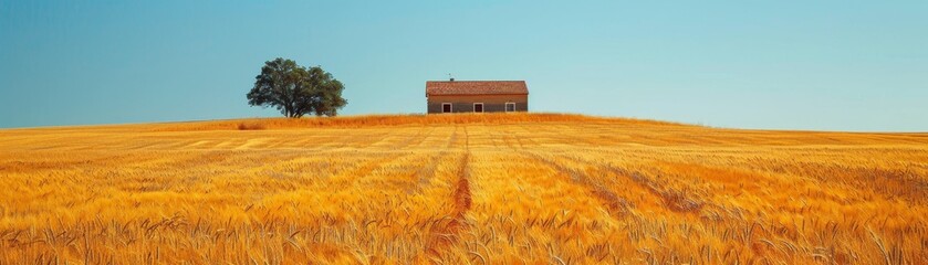 A vast golden wheat field stretching towards the horizon, with a lone farmhouse nestled in the distance