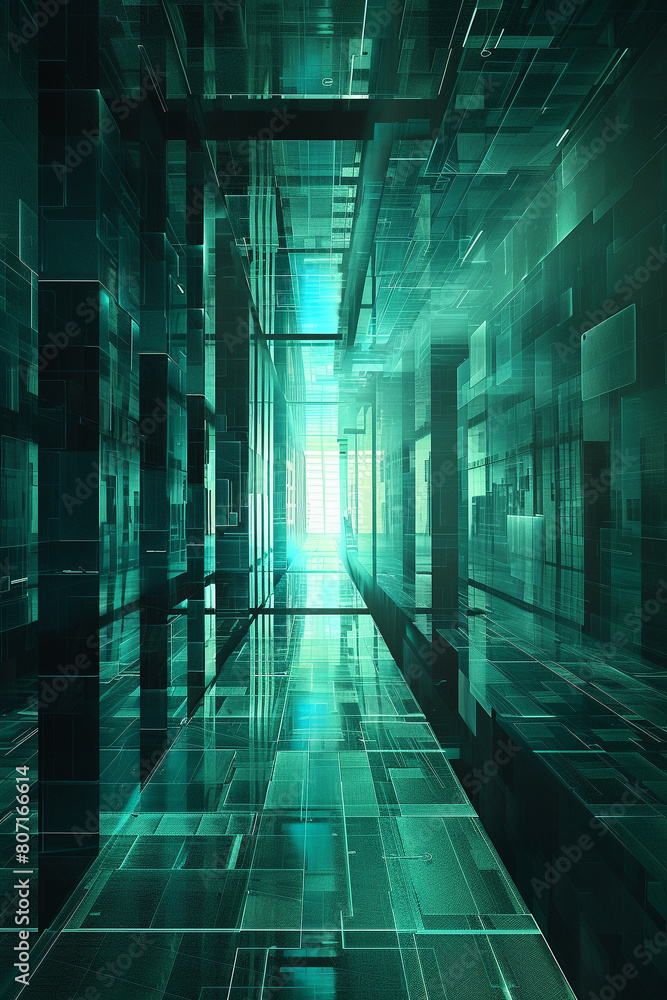 Poster the image is a 3d rendering of a futuristic tunnel. the tunnel is made of glass and has a green glow