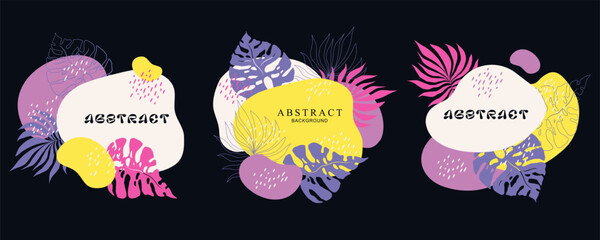 Vector abstract banners set with colorful hand drawn plants and shapes isolated on black background. Contemporary design illustration template for poster, advertising, invitation, card