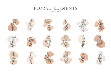 Collection with abstract hand drawn floral icons in pastel colors isolated on white background. Set of various vector highlight covers for social media stories, logo or mark