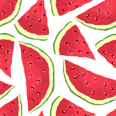 Seamless vector pattern with hand drawn textured watermelons isolated on white background. Illustration template for fashion prints, fabric, wallpaper, card, invitation
