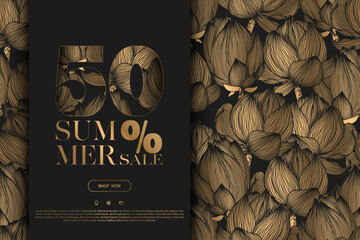 Summer sale vector banner template with gold hand drawn abstract lotus flowers pattern isolated on black background. Illustration for advertising, promotion, invitation, card, poster, banner