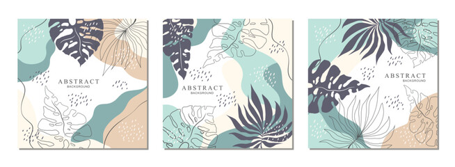 Vector abstract cards set with hand drawn plants and shapes isolated on white background. Contemporary design illustration templates for poster, advertising, invitation, banner