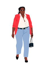 Black curvy Business woman in modern office look, orange jacket, jeans, high heels and sunglasses. Pretty african american lady boss with stylish afro haircut. Realistic vector illustration isolated.