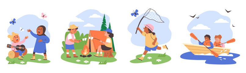 Set of happy children resting at summer camp flat style