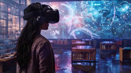 Fototapeta premium A student wearing a VR headset, engrossed in a virtual literature discussion, interacting with characters and settings in a digital classroom.