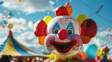 A clown with a joyful look, captured in a close-up portrait shot at a carnival theme park





