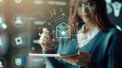 She holds a tablet pc, that contains a wide array of online services. The person touches the diploma icon (certificate).