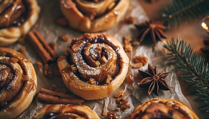 Swedish kanelbule a sweet homemade pastry covered in spices and cocoa freshly baked on parchment paper for Christmas