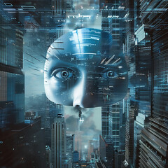 The image shows a glowing blue and white robot head in a digital city. abstract style