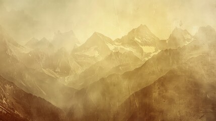 Majestic mountain range with billowing clouds in the sky, creating a dreamy and ethereal scene