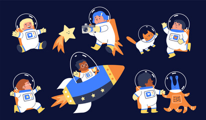 Children in spacesuits. Vector set of space adventures.