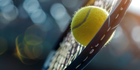 Macro shot of a fluorescent yellow tennis ball against racket strings with a blurred background - Powered by Adobe