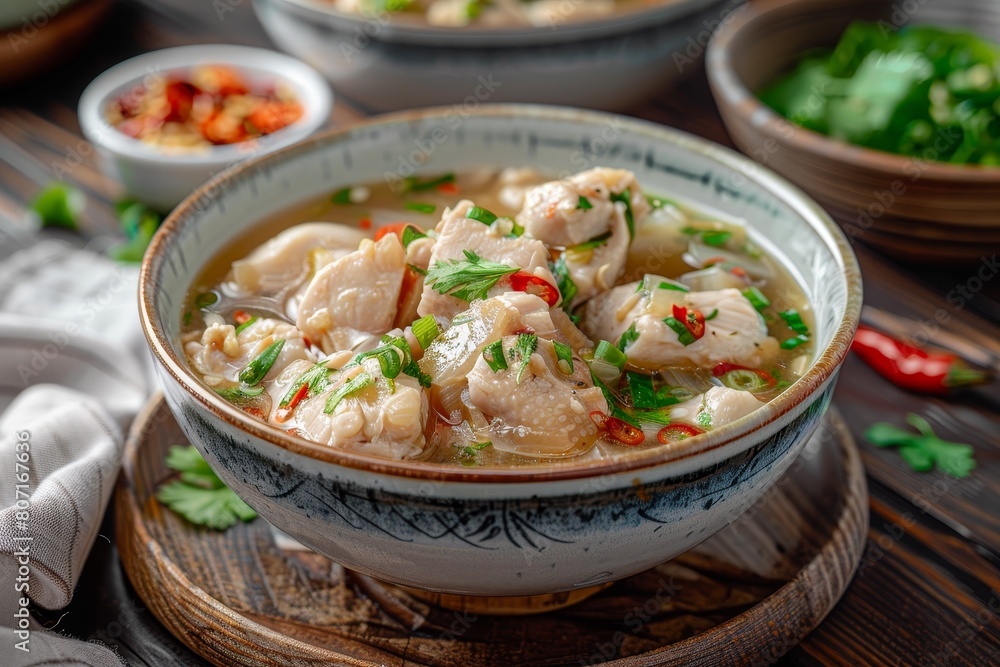 Poster taiwanese garlic chicken soup on dark wood table