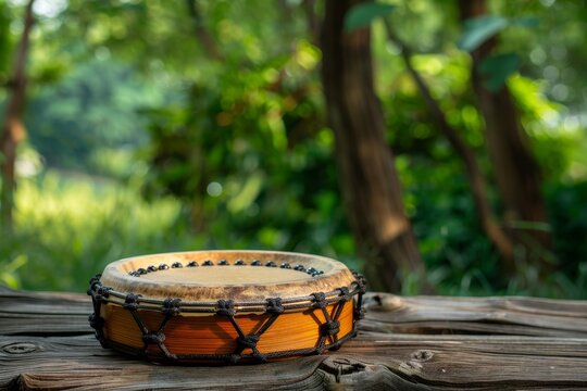 Tambourine on garden table