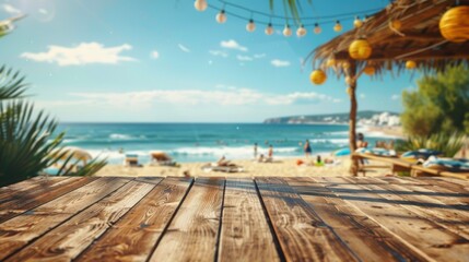 An empty wooden table positioned near a vibrant beach party, creating an inviting space for socializing and relaxation.