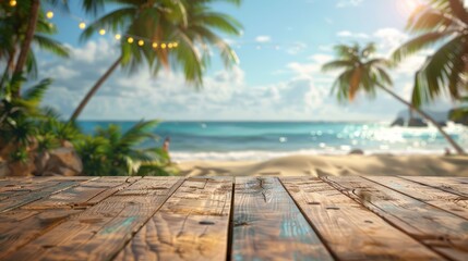 An empty wooden table positioned near a vibrant beach party, creating an inviting space for socializing and relaxation.