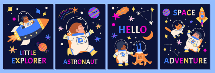 Vector set of flyers with the space adventures of the Little astronaut.
