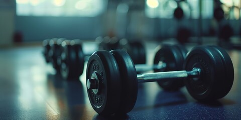 Fototapeta premium A row of barbells lined up in a gym environment with focus on the weights and blurry background