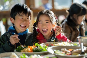 Two Asian elementary school students joyfully sharing a meal together, their faces beaming with happiness and laughter