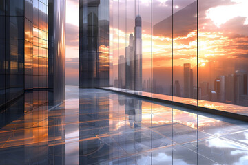 The photo shows a modern office interior with a large glass window looking out over a city skyline at sunset.