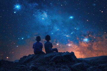 Two brothers looking at a little star beautiful view