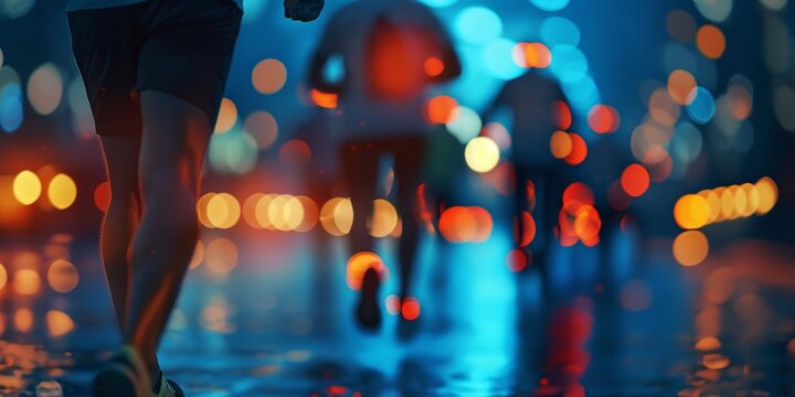 A dynamic image of a runner at night with reflective wet surfaces and colorful city lights