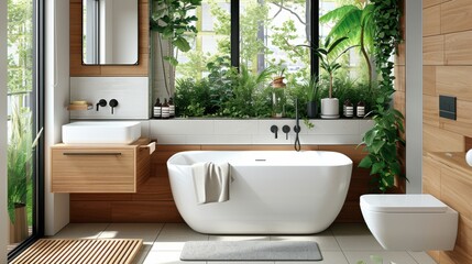 Modern bathroom interior with a freestanding tub, wooden elements, and lush greenery. Natural light floods the cozy space.