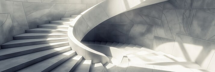 This image captures the essence of modern architecture through the spiral design of a staircase with light creating patterns on its surface